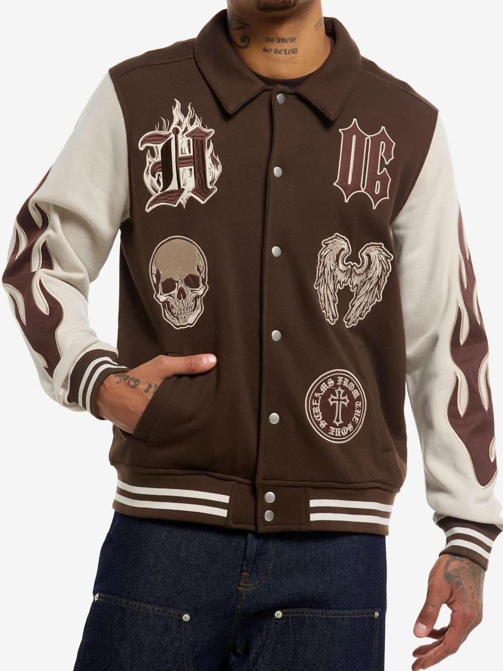 Hot Topic Brown and Cream Graphic Varsity Jacket